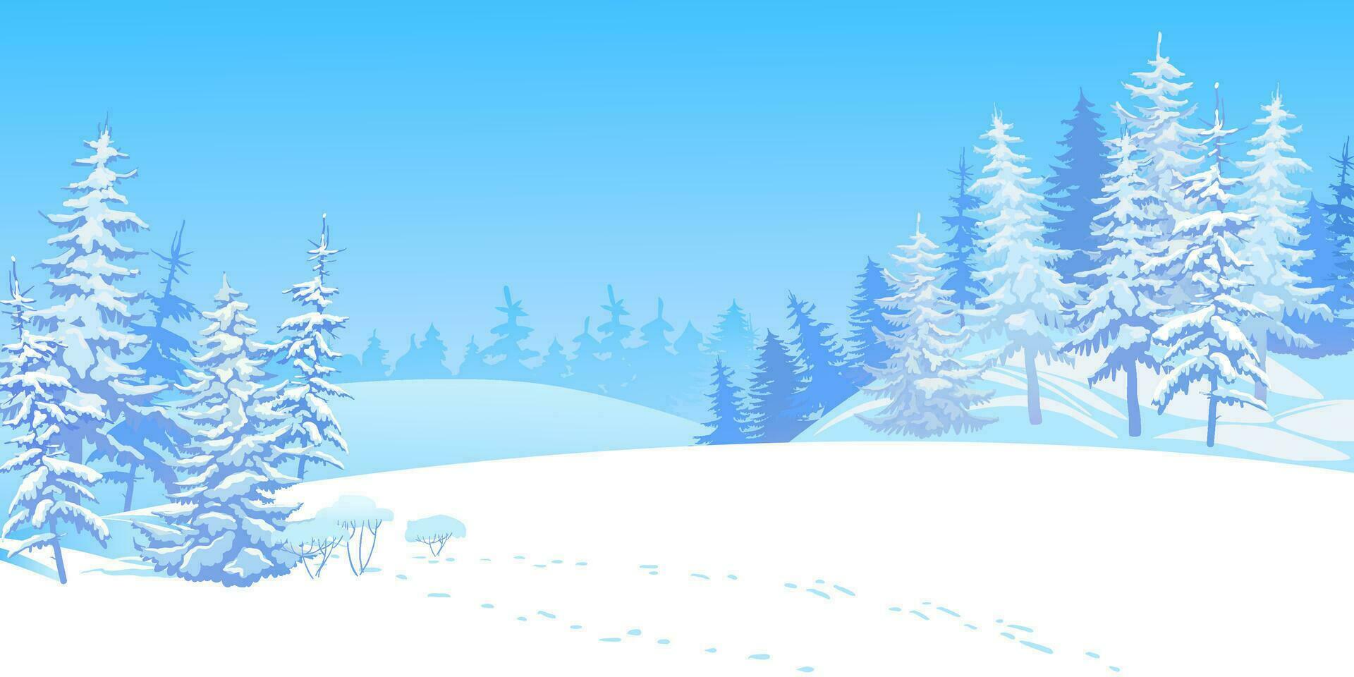 invierno escena con que cae nieve. cubierto de nieve arboles en el antecedentes de el bosque. ventisqueros espumoso en el frío y congelado abeto arboles Navidad nevada. vector ilustración.