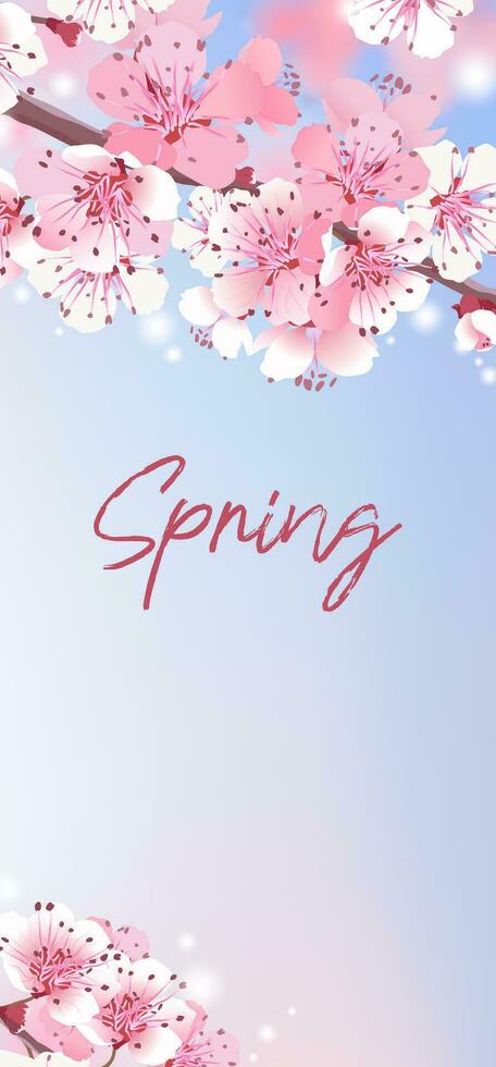 Summer landscape vector illustration. Invitation template with pink sakura. Floral greeting card. Beautiful print with blossoming dark and light cherry flowers on blue sky. Japanese wedding style.