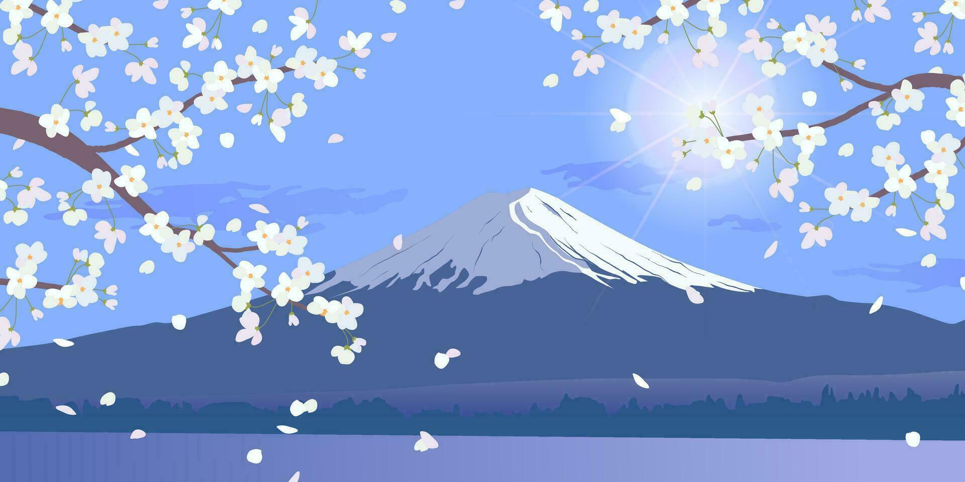 Bright morning landscape with blue sky. Branches of blooming white cherry trees on the background of Mount Fuji. Traditional Japanese Hanami Festival Cherry blossoms in early spring. Flat Illustration vector