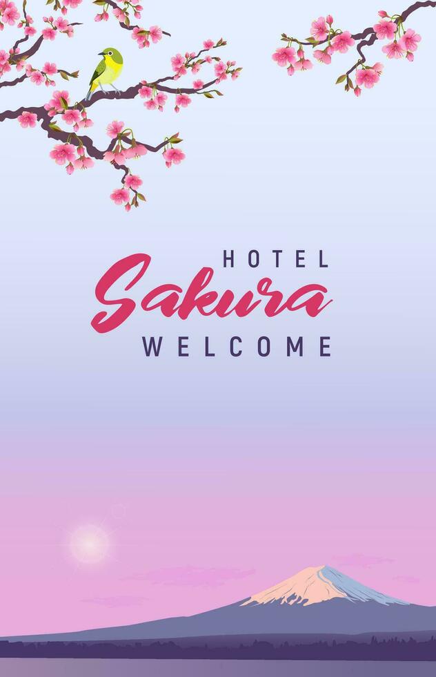 diseño bandera para hoteles y restaurante. realista gráficos de japonés ruiseñor y sakura en un antecedentes de fuji uguisu en un rama de cierne cerezas. fujiyama en el Dom. vector