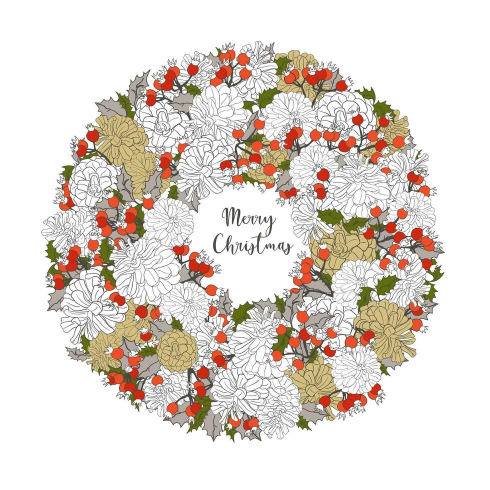 Christmas wreath with green branches red berry and pine cones. Unique design for your greeting cards, banners, flyers. Vector illustration in modern style.