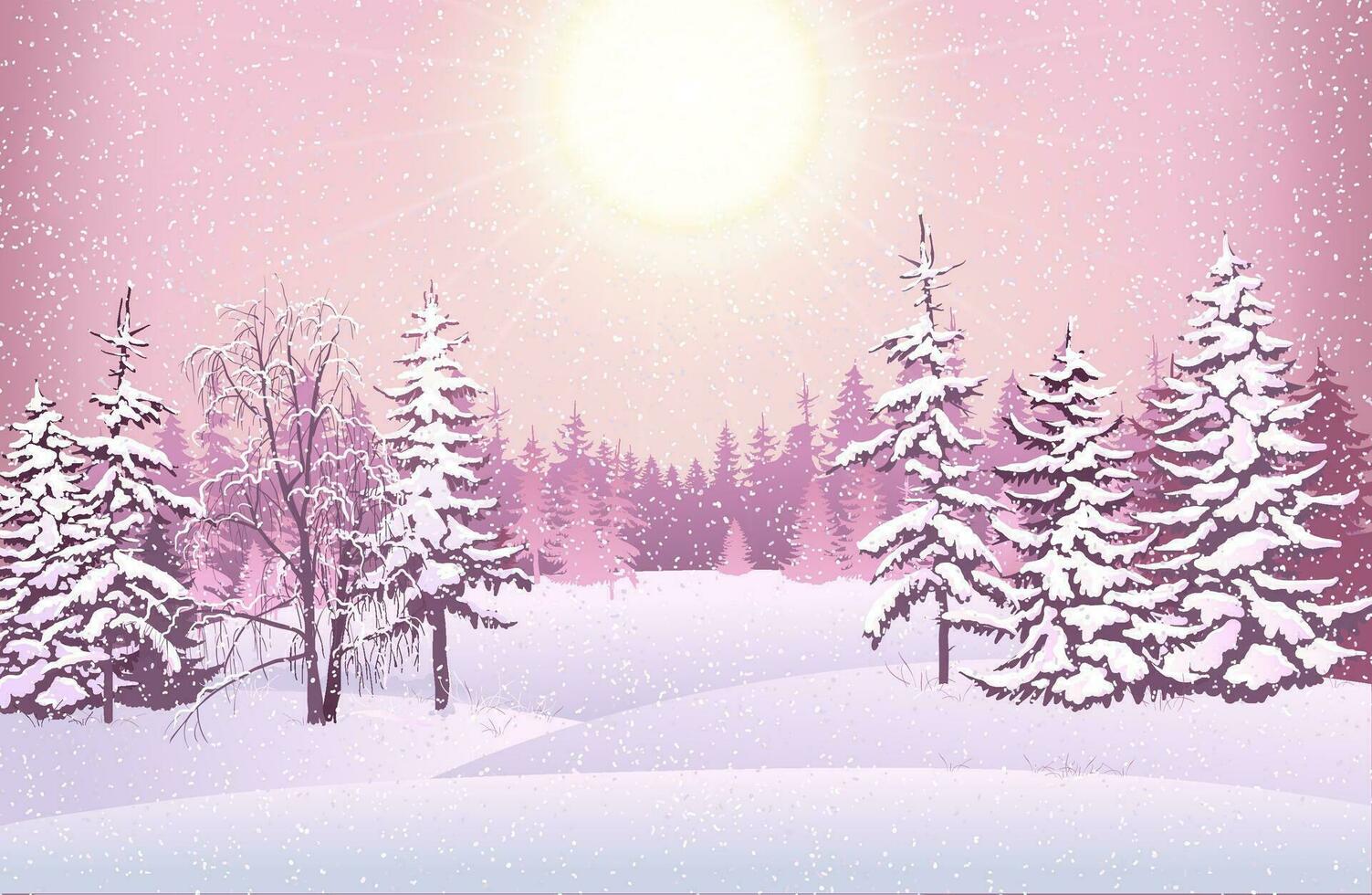 Winter scene with falling snow. Snow-covered trees on the background of the forest. Snowdrifts sparkling in the cold and frozen fir trees. Christmas snowfall. Vector illustration.