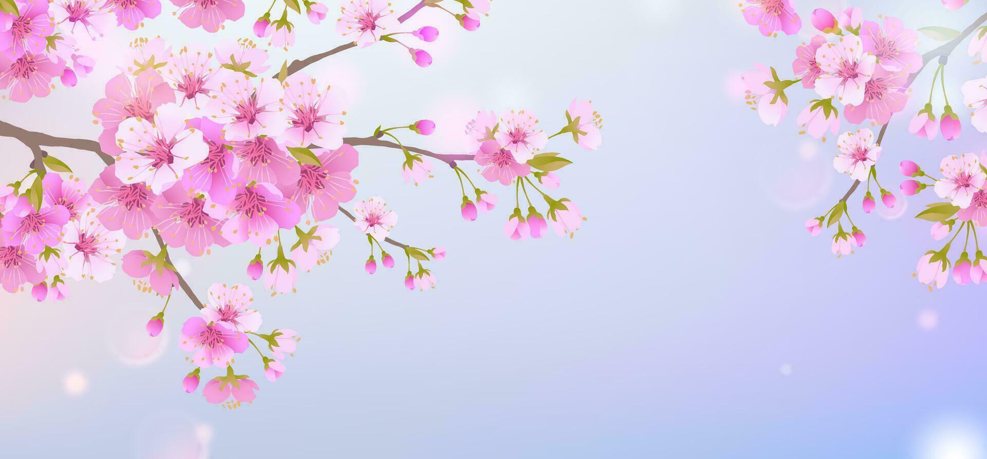 Branches of cherry blossoms on a soft light blue sky background. For Easter and spring cards with space for text. Floral spring abstract nature background. Branches with pink flowers. vector