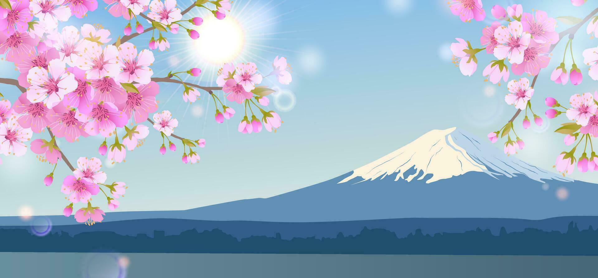 Bright morning landscape with blue sky. Branches of blooming white cherry trees on the background of Mount Fuji. Traditional Japanese Hanami Festival Cherry blossoms in early spring. Flat Illustration vector