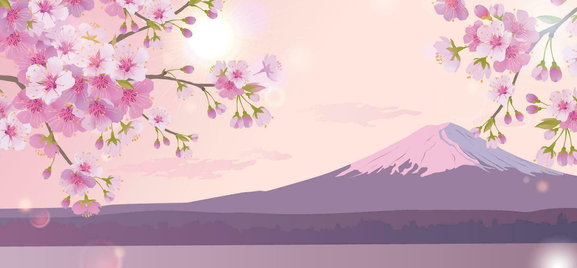 Bright morning landscape with pink sky. Branches of blooming white cherry trees on the background of Mount Fuji. Traditional Japanese festival Hanami Cherry blossom in early spring. Flat illustration vector