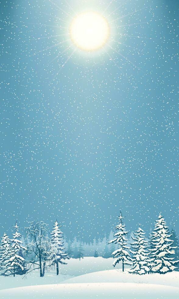 Winter scene with falling snow. Snow-covered trees on the background of the forest. Snowdrifts sparkling in the cold and frozen fir trees. Christmas snowfall. Vector illustration.