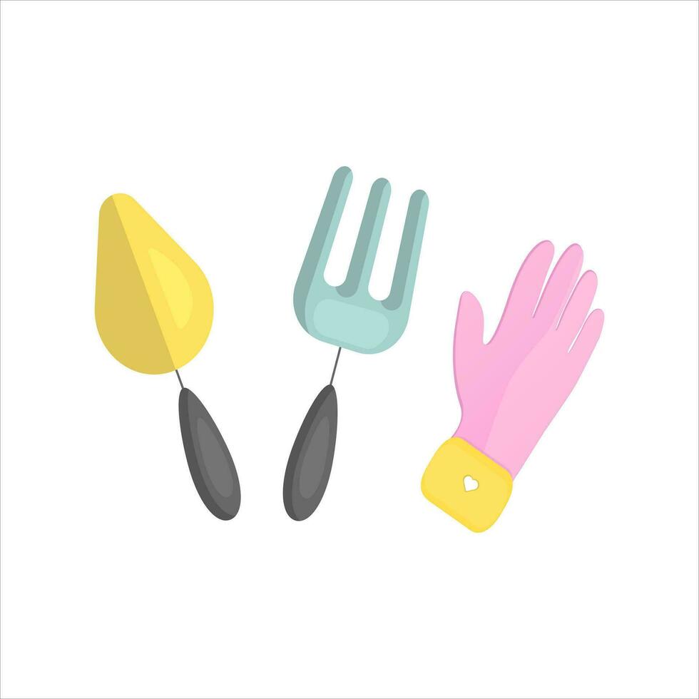 Equipment for gardening, spring set with rake, shovel and glove.  Vector isolated object.