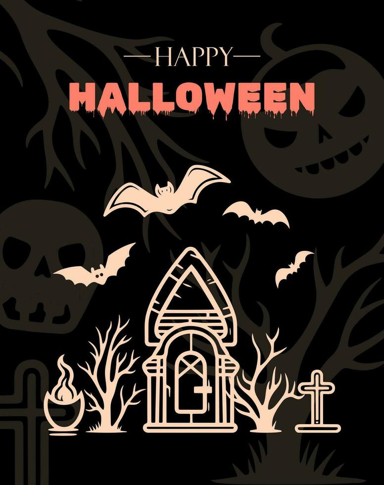 Happy Halloween poster with castle, bat, tree. Vector monochrome illustration. Place for text. Brochure frame