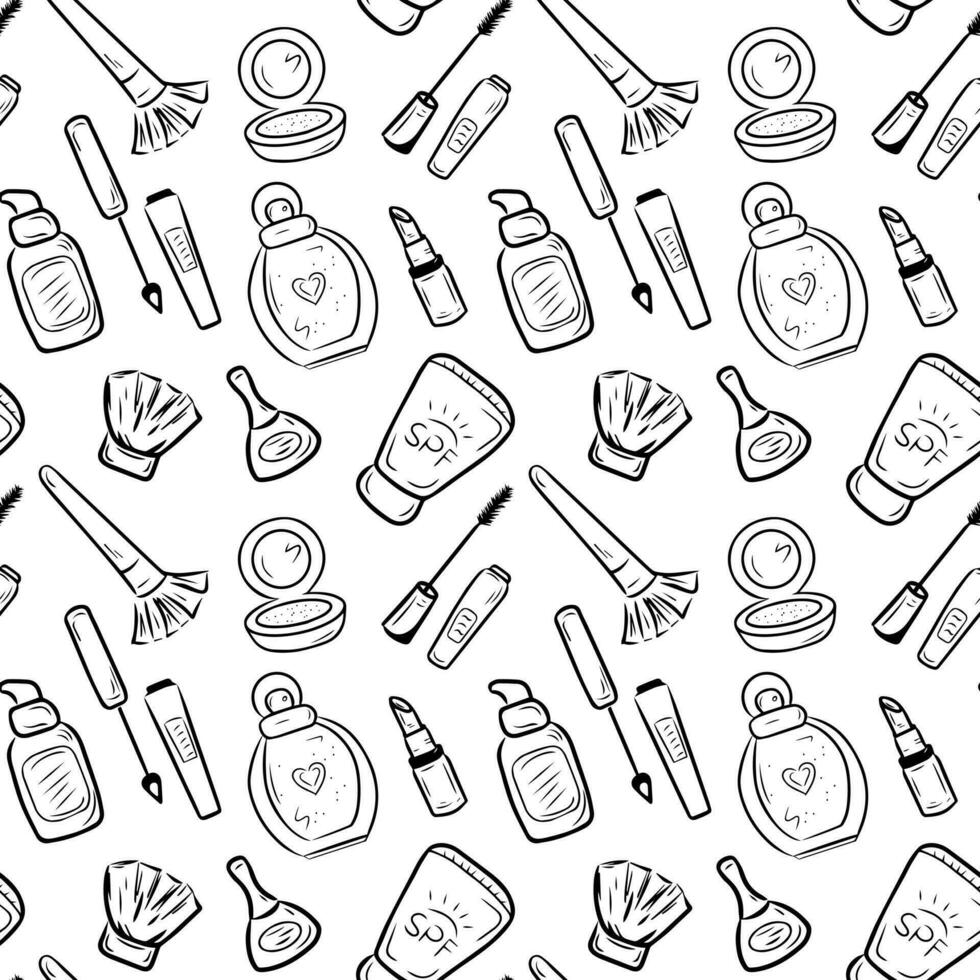 Seamless black and white pattern with cosmetics and accessories. Hand drawn vector cosmetic doodles