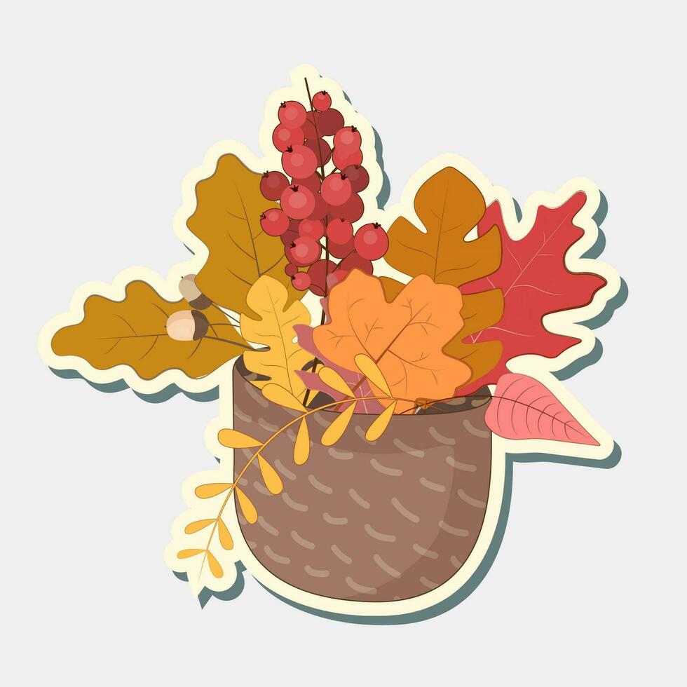 Autumn composition of leaves in a box sticker. Vector sticker autumn leaves.