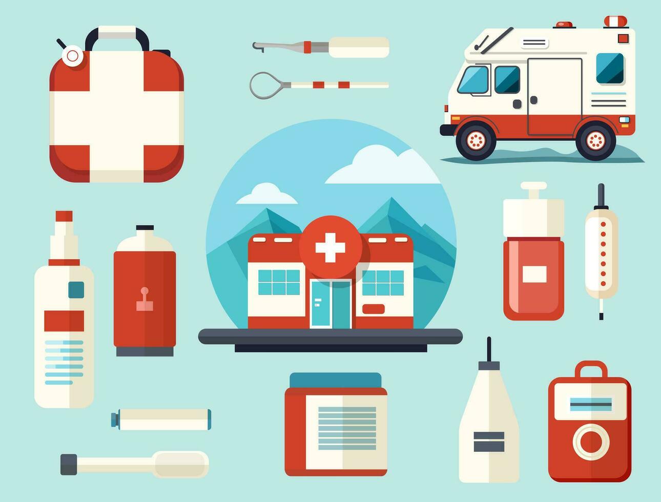 médico colocar. médico instrumentos, medicamento, ambulancia, hospital. vector dibujos animados plano medicamentos ilustración