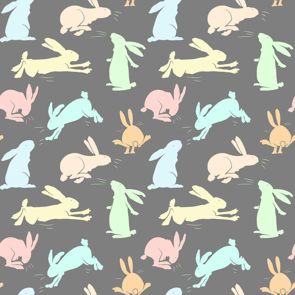Simple rabbits pattern. Cute colourful rabbits, dark background. Fashionable print for children's textiles, wallpaper and packaging. Seamless vector pattern
