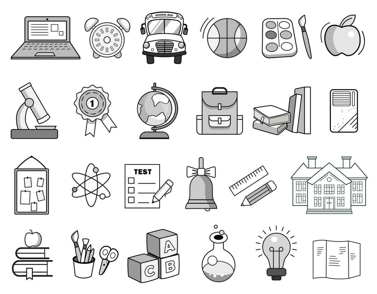 Big vector collection of black and white school icons. Cartoon icons education, school.