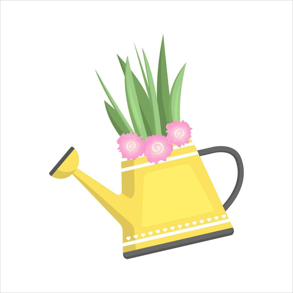 Yellow watering can isolated on white background. Simple tool decorated with green leaves and roses. Flat cartoon colorful vector illustration