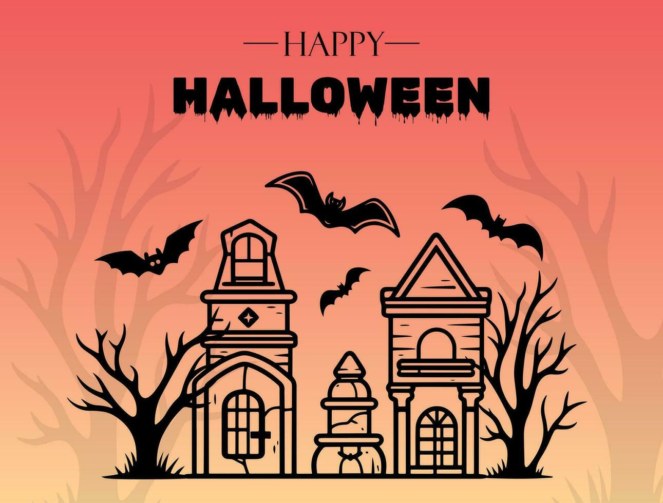 Happy Halloween poster with castle, bat, tree. Vector monochrome illustration. Place for text. Brochure frame