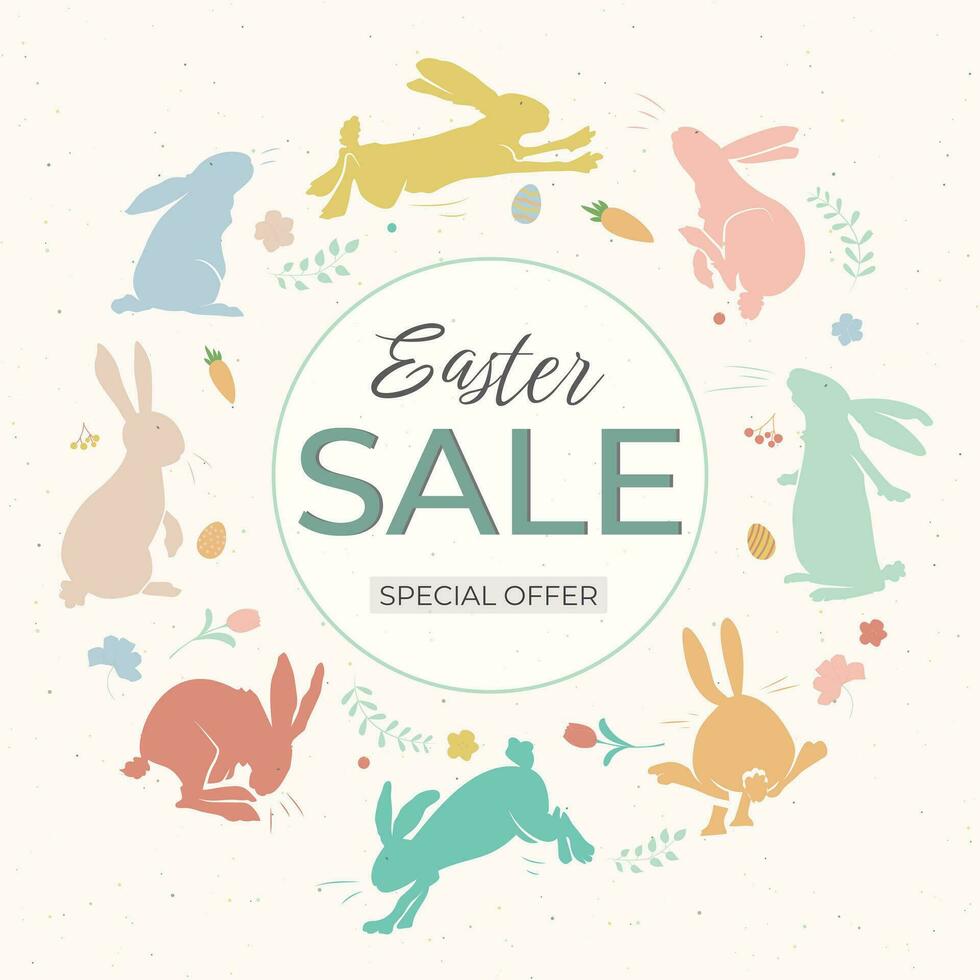 Easter sale banner, background. Template with rabbits for design poster, banner, invitation, voucher. Promo discount season offer. vector