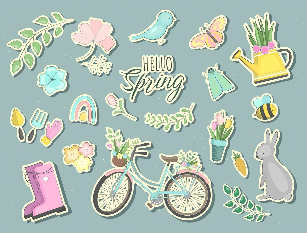 Set of hello spring stickers in doodles style. Collection of scrapbooking elements, labels. Vector seasonal elements.