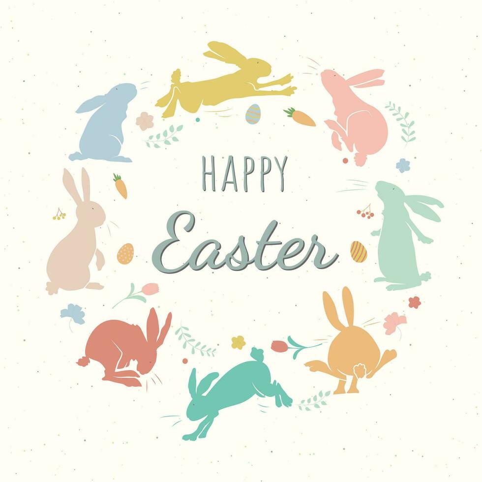 Happy Easter greeting card, banner, poster. Trendy Easter design with bunnies, flowers, eggs in pastel colors. Vector minimal style