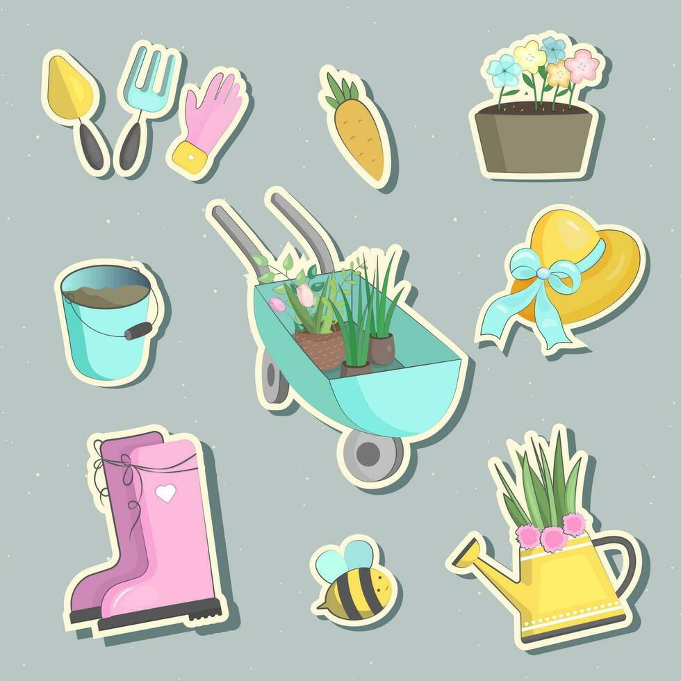 Gardening theme, tools, plants, accessories. Collection of hand drawn vector illustrations. Elements for design, print, decor, card, sticker, banner