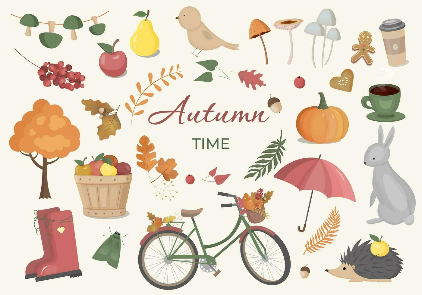 Vector collection with autumn elements. Autumn clipart set with leaves, pumpkin, forest animals and other symbols of fall.