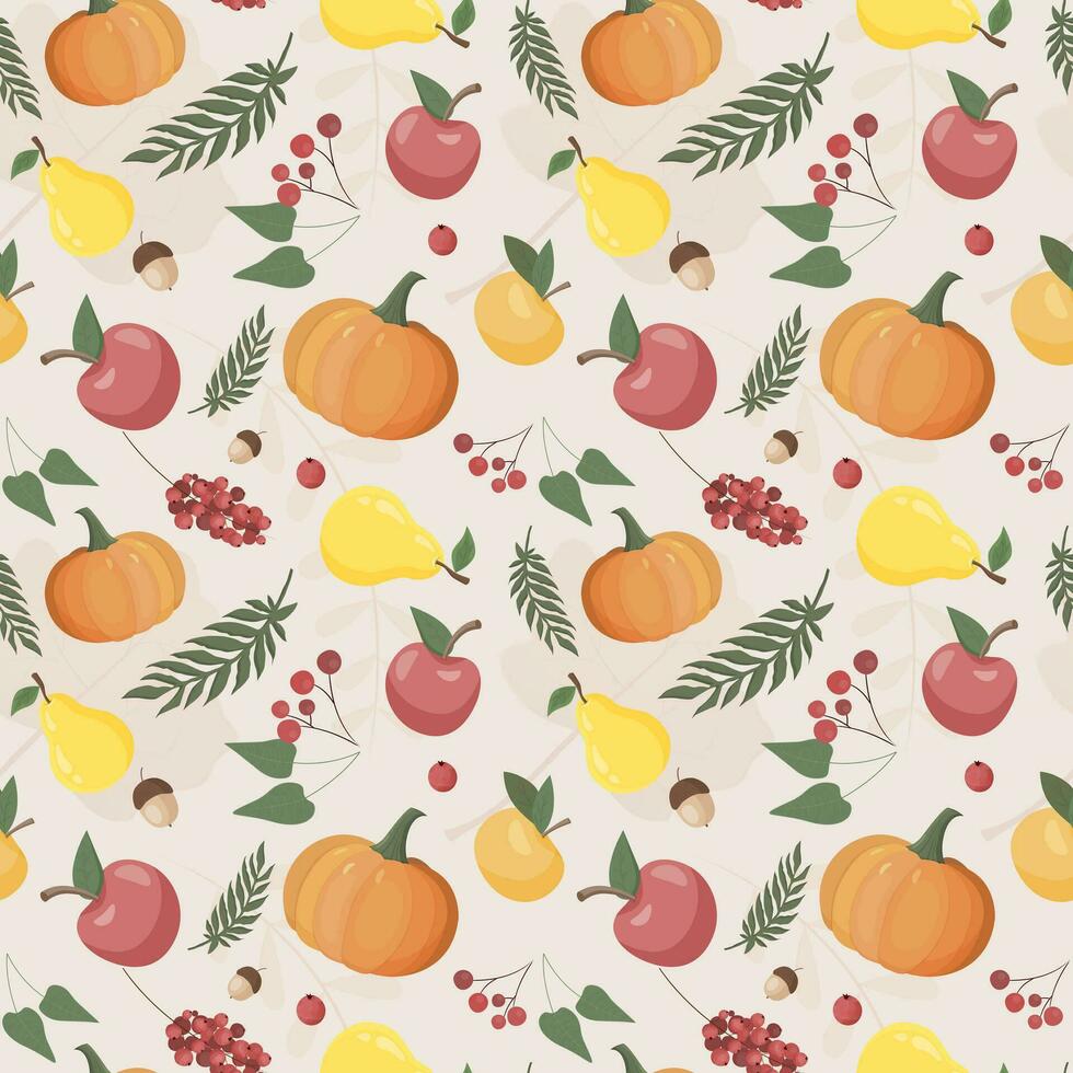 Autumn pattern with pumpkin, leaves, apple, pear, berries. Autumn background, vector seamless pattern.