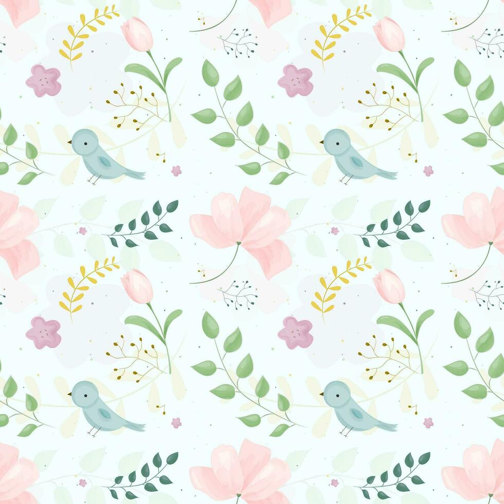 Seamless floral pattern with birds in spring for birthday, wedding, anniversary and party. Design for textile, banner, poster, card, invitation and scrapbook. vector