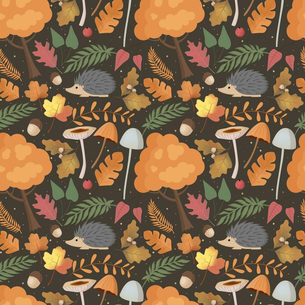 otoño modelo con erizo, hongos, árbol, hojas. bosque fondo, vector sin costura modelo.