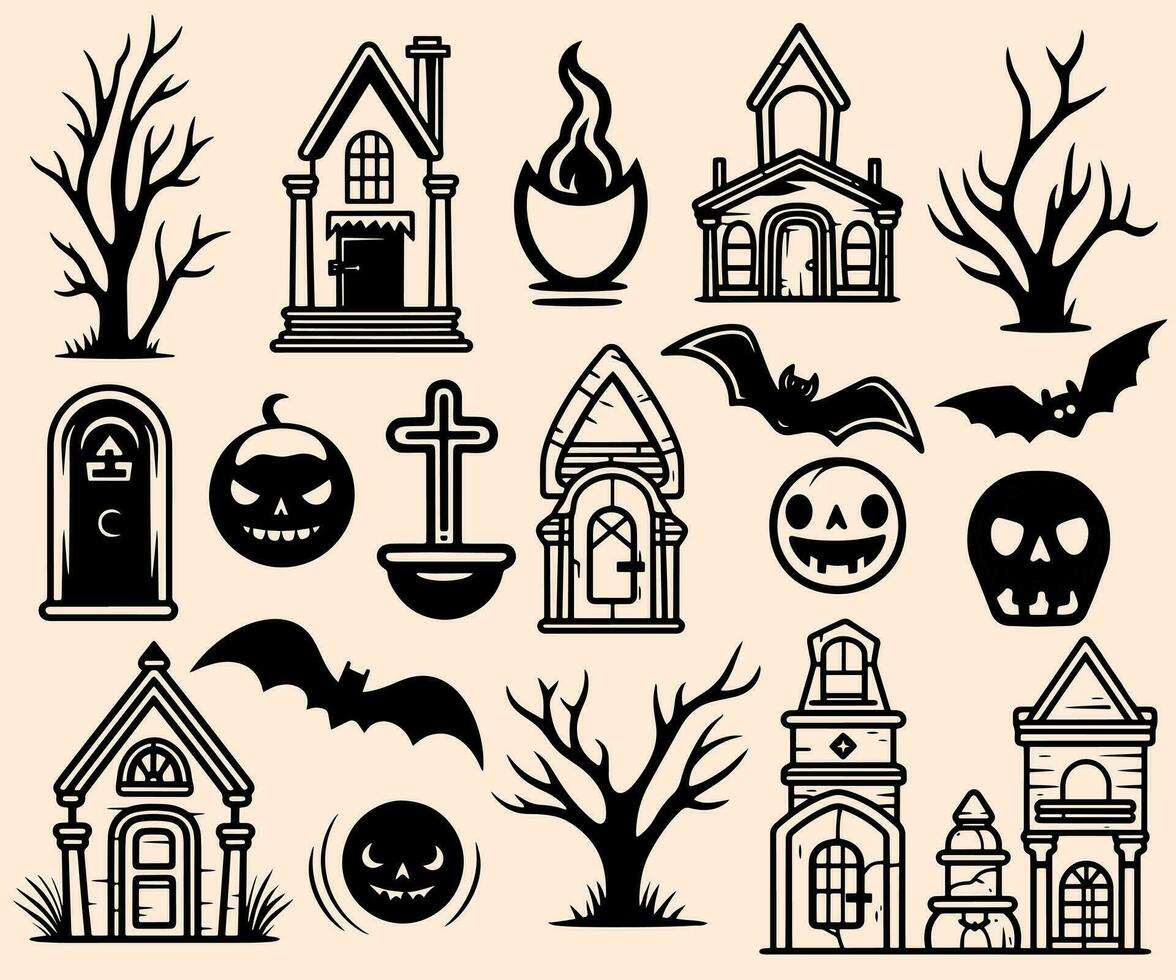 Halloween elements set. Hand drawn halloween icon set. Doodle vector illustration black and white.