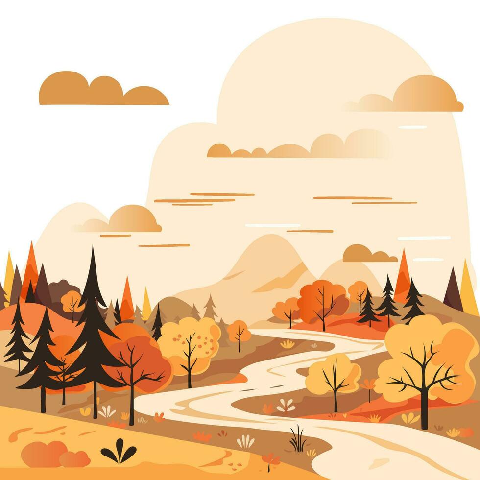 Vector illustrations of autumn nature, seasonal landscape, mountains, trees, river,  road, fields for background or banner