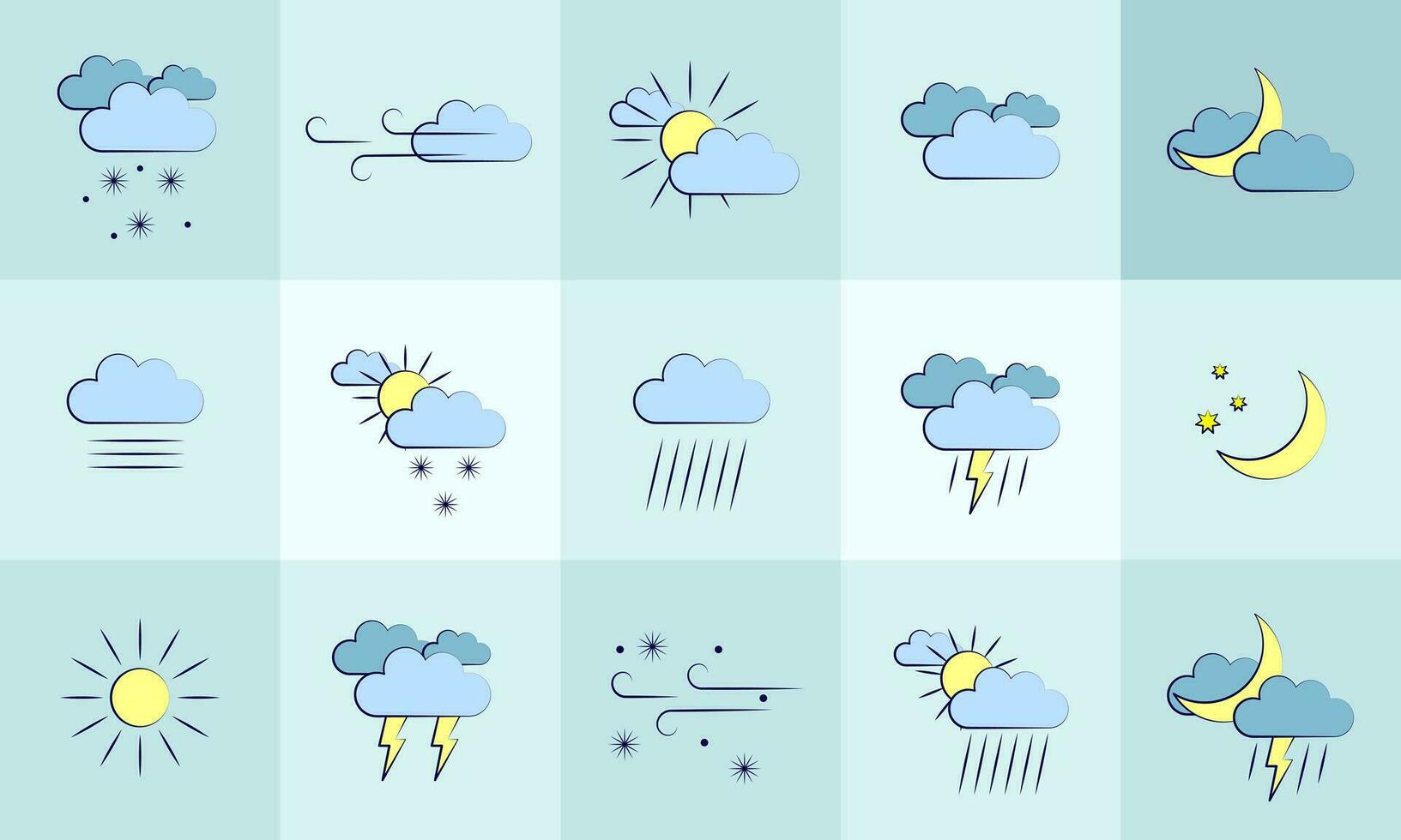 clima íconos colocar. sol, lluvia, tormenta, viento, nieve, nube, Luna. mínimo vector ilustraciones. sencillo plano contorno señales para web, pronóstico aplicación