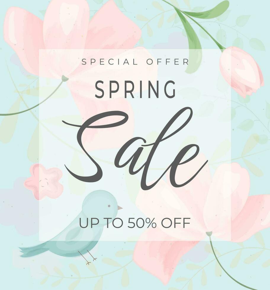 Spring sale banner, background. Template for design poster, banner, invitation, voucher. Promo discount season offer. vector