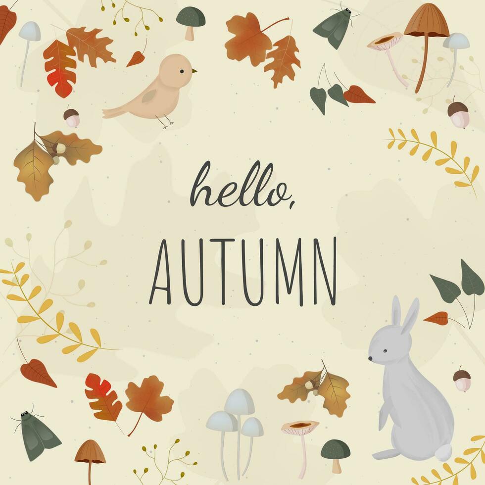 Hello autumn banner with seasonal elements, birds, hare, acorns, plants, leaves, mushrooms. Autumn background. Vector illustration