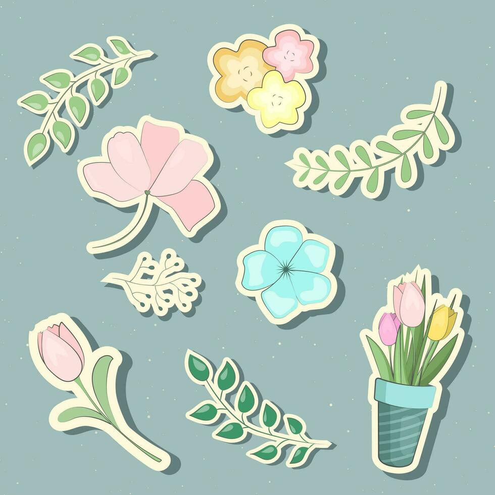 Set of spring flowers stickers in doodles style. Collection of scrapbooking elements, labels. Vector seasonal elements.