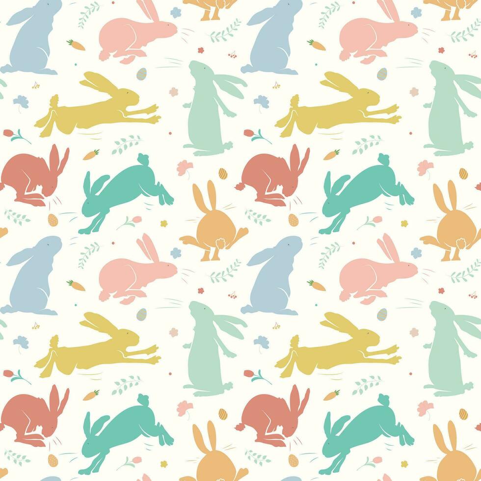 Seamless pattern with rabbits, flowers, eggs, leaves and carrot on pastel background. Vector illustration for Easter Cards, banner, textiles, wallpapers.