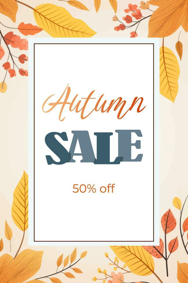 Autumn sale background, poster design. Banner with bright beautiful tree, leaves frame. Autumnal template vector