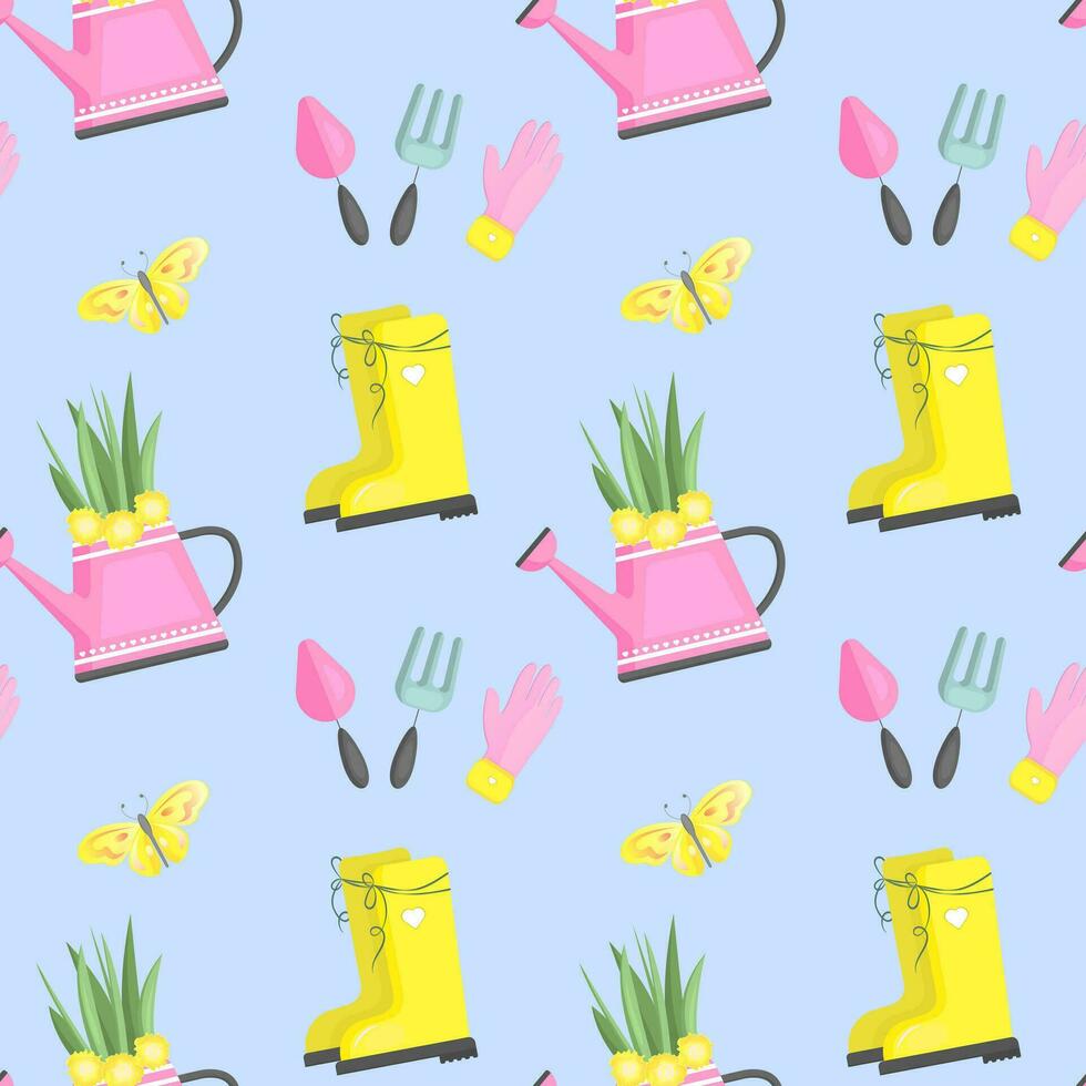 Gardening tools and flowers seamless pattern. Vector background with rubber boots, waterring, flowers and butterfly.