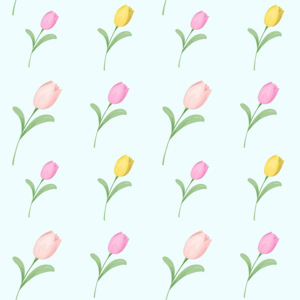 Delicate pattern with tulips. Yellow and pink flowers on blue background. Spring seamless pattern. Vector illustration