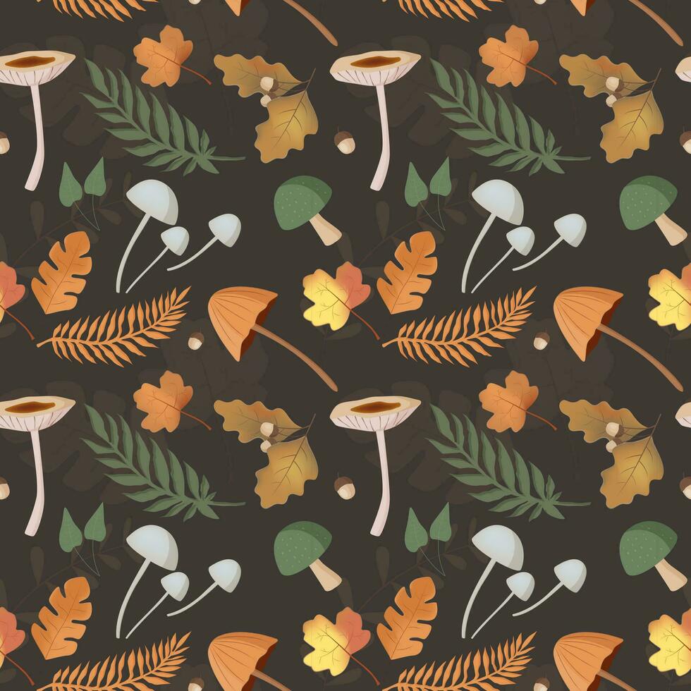 Autumn pattern with mushrooms, leaves. Fall background, vector seamless pattern.
