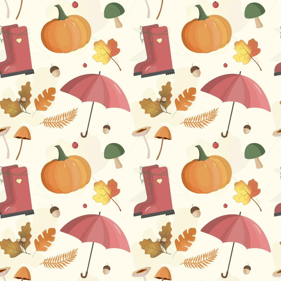 Autumn pattern with pumpkin, umbrella, boots, leaves. Fall background, vector seamless pattern.