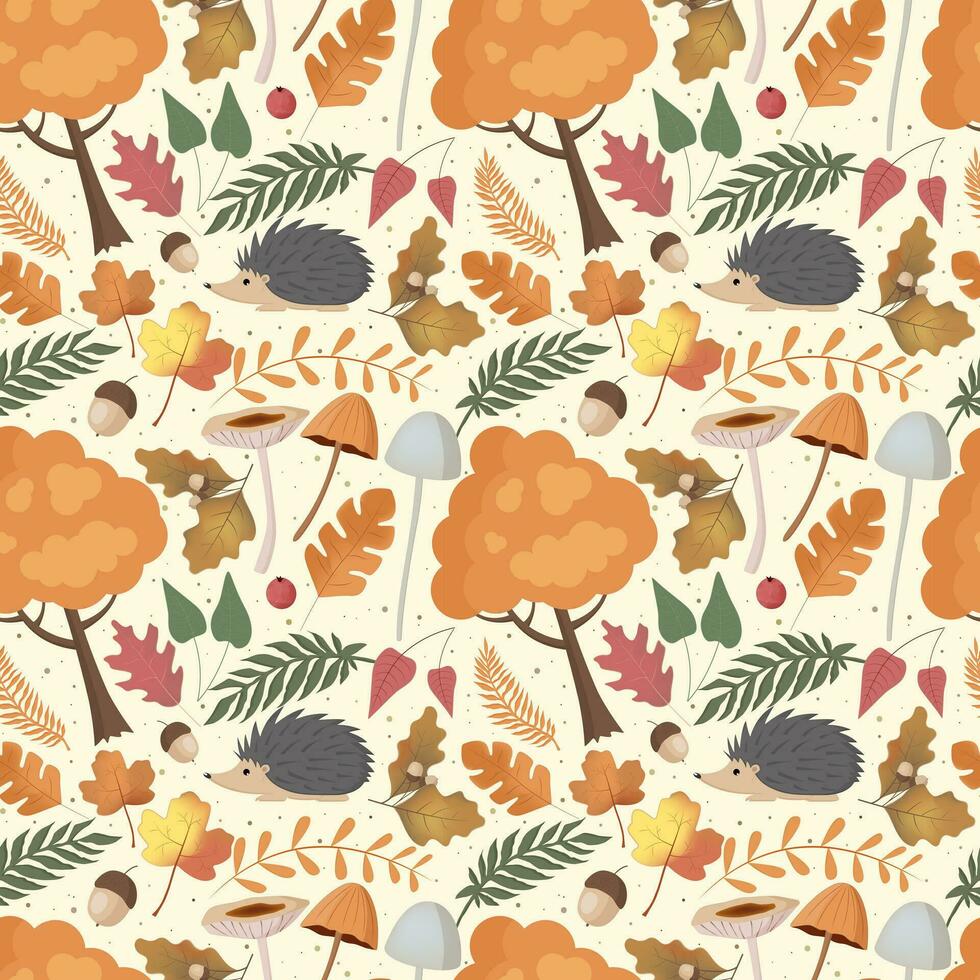 Autumn pattern with hedgehog, mushrooms, tree, leaves. Forest background, vector seamless pattern.