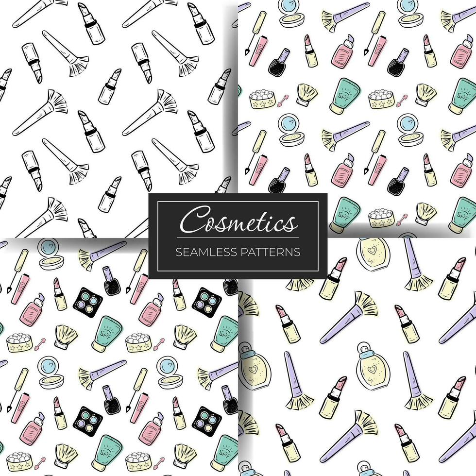 Set of seamless cosmetics patterns. Black and white pattern with cosmetics. Hand drawn cosmetic doodle vector