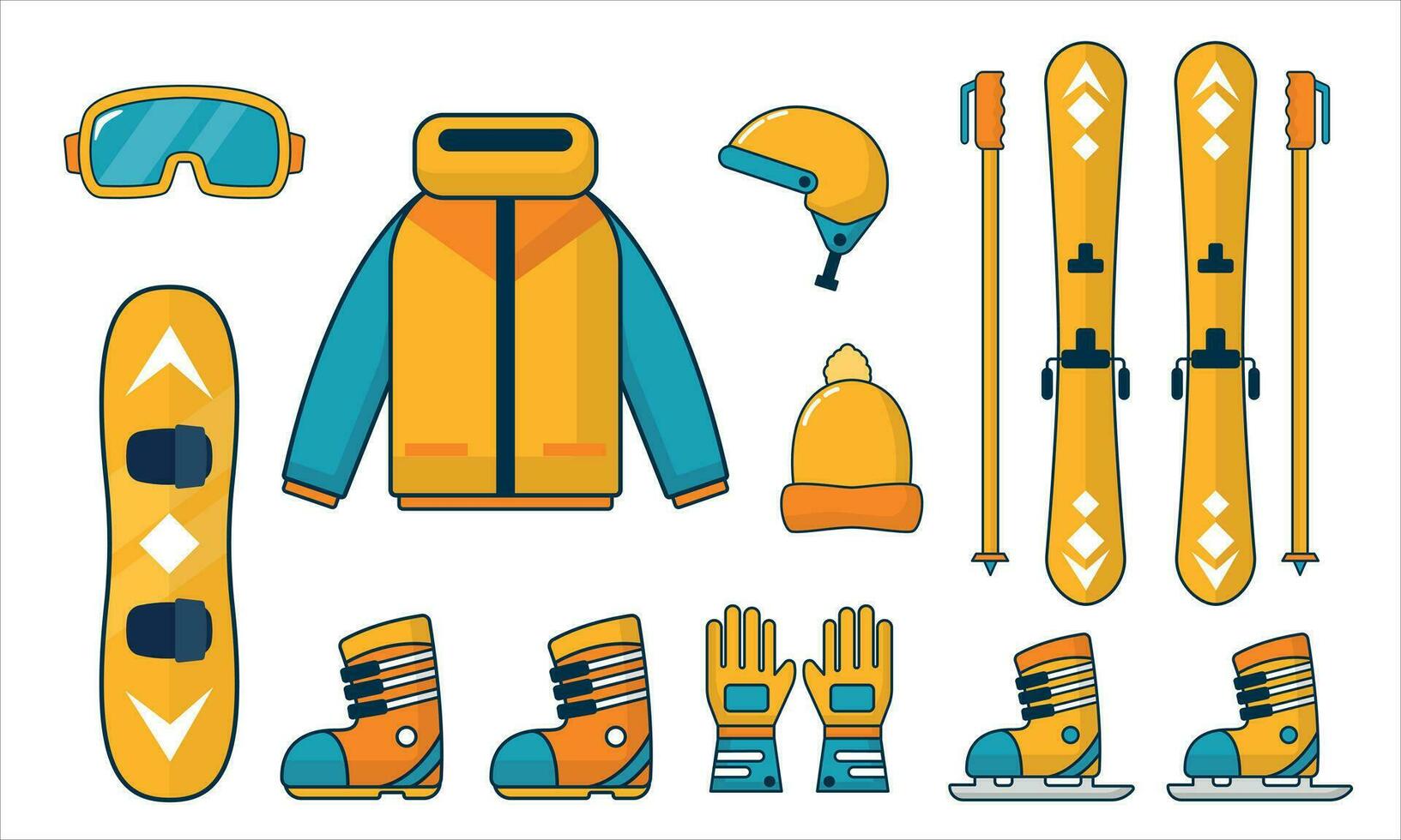 ilustración vector gráfico de esquí y tabla de snowboard traje conjunto verde y amarillo color, plano diseño ilustración dibujos animados diseño, snowboard, esquí, invierno conjunto traje, invierno deporte valores icono