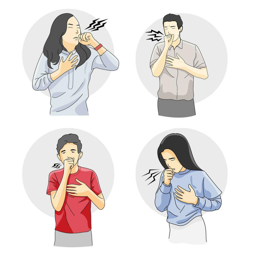 set of man and woman coughing sick vector