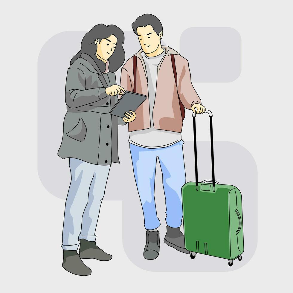 couple planning vacation holiday standing with bag vector