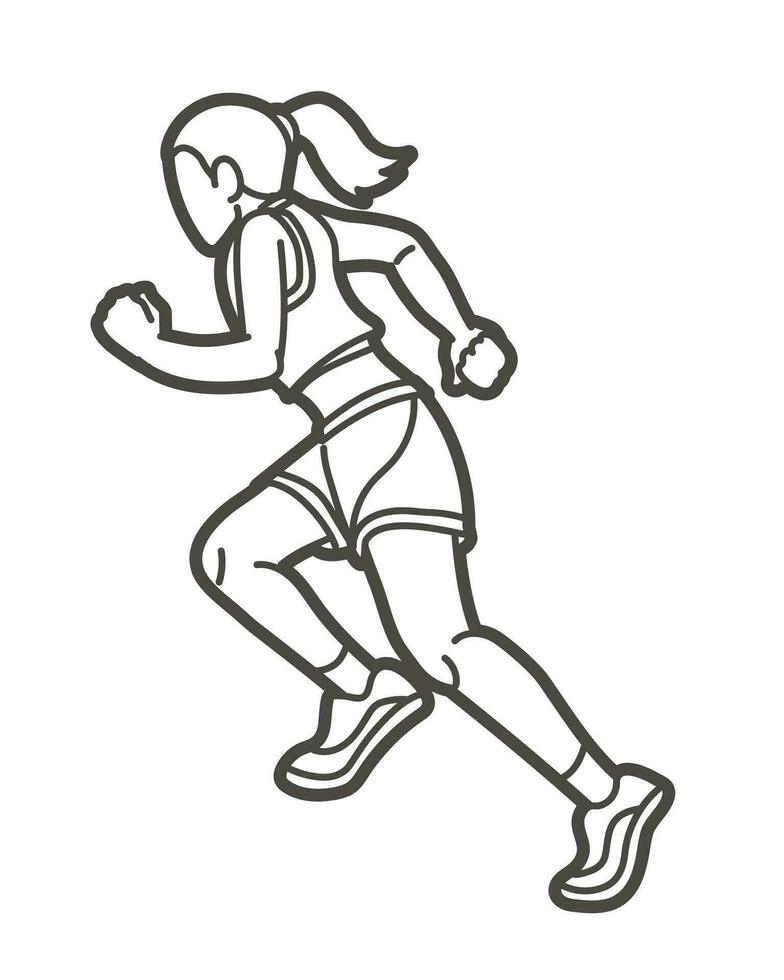 contorno maratón corredor dibujos animados mujer correr deporte gráfico vector