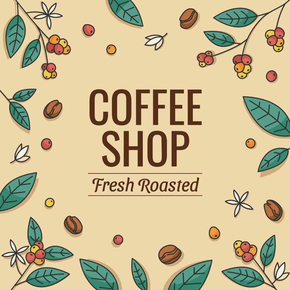Coffee Beans Leaves And Branch On Flat Color vector