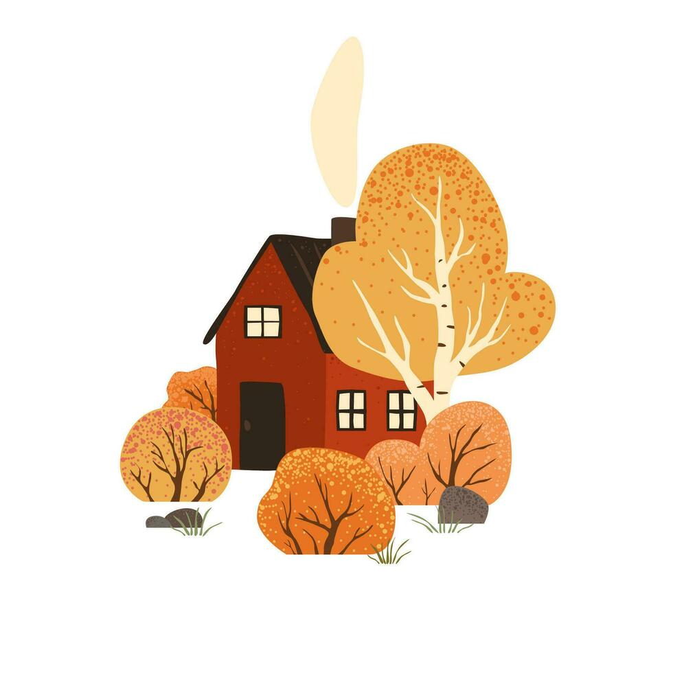 Scene with autumn trees and bushes and red house. Countryside landscape. Isolated on white background. Autumn nature. Stock flat vector illustration