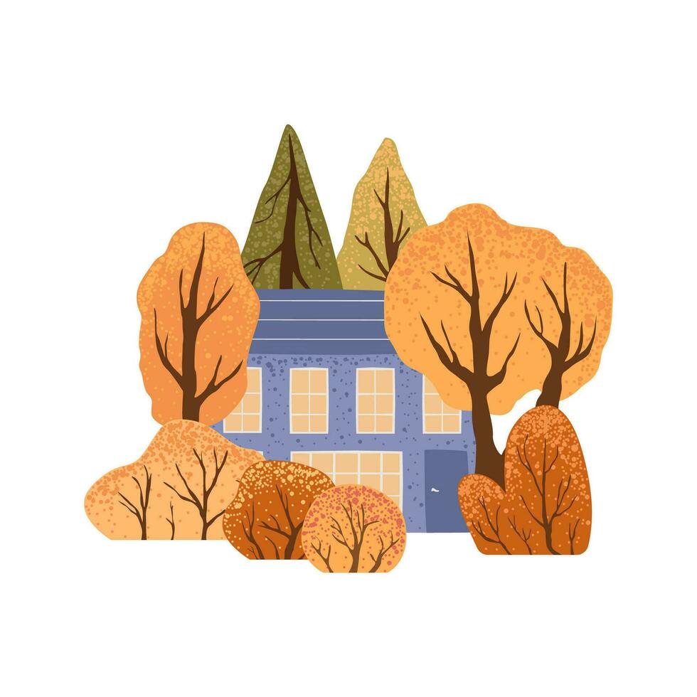 Scene with autumn trees and bushes and house. Countryside landscape. Isolated on white background. Autumn nature. Stock flat vector illustration