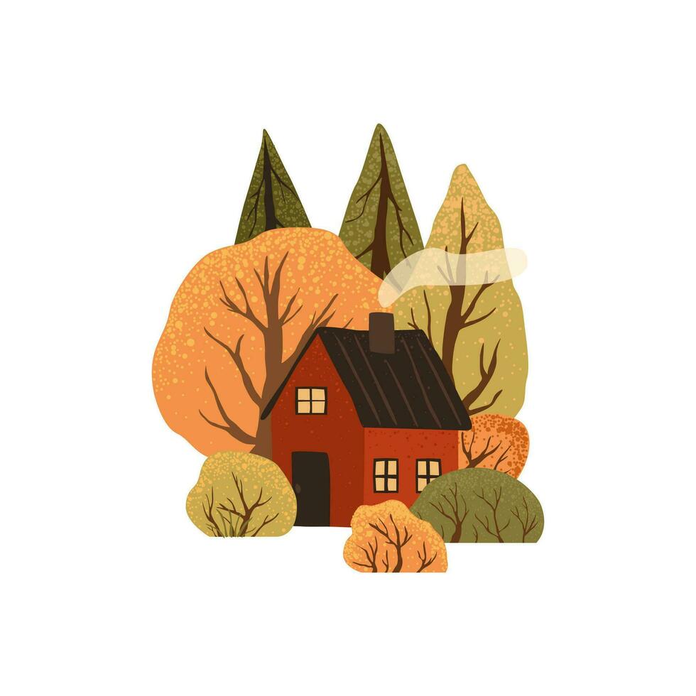 Scene with autumn trees and bushes and red house. Countryside landscape. Isolated on white background. Autumn nature. Stock flat vector illustration