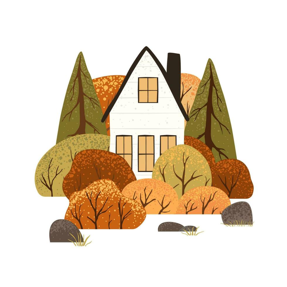 Scene with autumn trees and bushes and white house. Countryside landscape. Isolated on white background. Autumn nature. Stock flat vector illustration